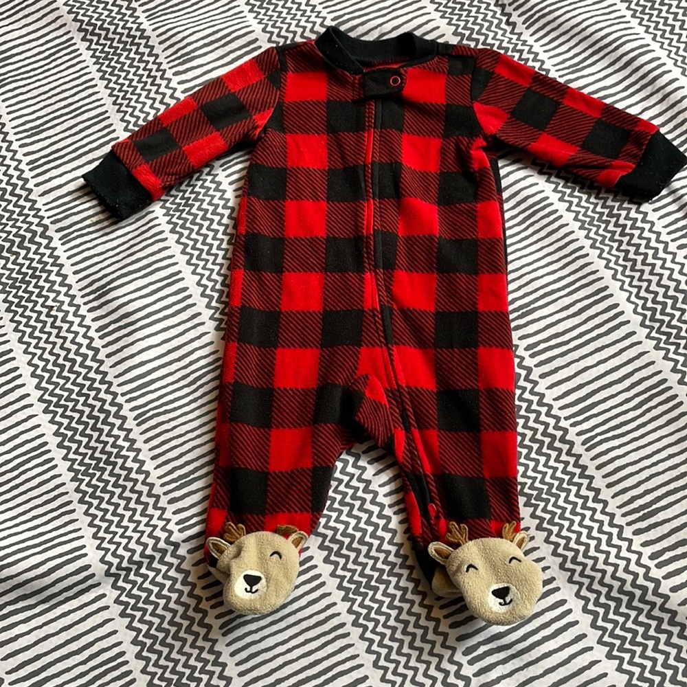 Red and black fleece two way zipper footed deer sleeper